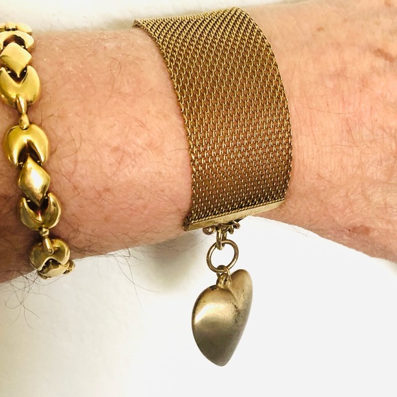 Vintage Brass Gold Electroplated Puff Heart Charm Wide Mesh Bracelet - Picture 13 of 14
